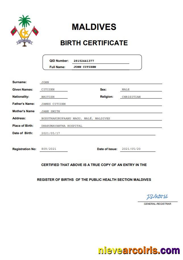 Maldives birth certificate